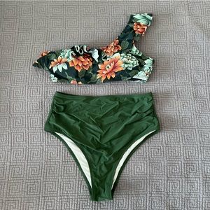 Dark Green Floral One Shoulder Ruffle High Waist Bikini - like-new!